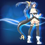  ass bare_back bare_shoulders black_legwear blue_background blue_hair boots breasts choker dizzy guilty_gear hair_ribbon large_breasts long_hair minato_(leap-up) red_eyes ribbon solo tail tail_ribbon thighhighs twintails 