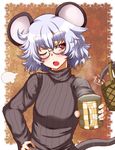  animal_ears basket bespectacled blush cup eyebrows glasses hand_on_hip highres jacket mouse_ears mouse_tail nazrin one_eye_closed open_mouth red_eyes ribbed_sweater short_hair silver_hair solo sweater tail thick_eyebrows touhou tsundere turtleneck zan_(harukahime) 