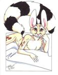  anthro bed cacomistle chest_tuft chester_ringtail_magreer fluffy_tail fur looking_at_viewer lying male mammal nude on_front pillow pink_eyes pink_nose pose ringed_tail smile solo teeth terrie_smith tuft 