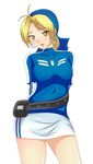  alternate_color arms_behind_back bandana belt blonde_hair blush breasts brown_eyes contrapposto dog_tags earrings highres hoop_earrings jewelry juudai malin miniskirt pencil_skirt player_2 pouch short_hair skirt smile solo standing striped the_king_of_fighters vertical_stripes 