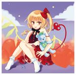  bad_id bad_pixiv_id bare_shoulders blonde_hair blush bow dress flandre_scarlet hair_bow looking_at_viewer red_eyes shiina_aya side_ponytail sitting skirt socks solo stuffed_animal stuffed_toy teddy_bear tongue tongue_out touhou wings 