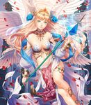  angel_wings bare_shoulders blonde_hair circlet esukee flower green_eyes hair_flower hair_ornament halo head_wings long_hair looking_at_viewer midriff navel petals shingeki_no_bahamut smile wand wings 