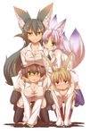  animal_ears arashimiya_kiharu breasts fukunomiya_koko green_eyes harumiya_ria kuromiya kuromiya_raika large_breasts long_hair looking_at_viewer multiple_girls multiple_tails open_mouth original pony_play red_eyes short_hair simple_background smile tail thighhighs very_long_hair white_background 