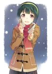  :d can coat green_hair hairband holding idolmaster idolmaster_(classic) looking_at_viewer mole mole_under_mouth open_mouth otonashi_kotori red_eyes scarf short_hair skirt smile snowing solo t-okada toggles yellow_hairband 