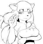  animal_ears breast_hold breasts cat_ears cat_tail cleavage ecaflip elbow_gloves freckles furry gloves greyscale large_breasts miranda_(wakfu) monochrome simple_background smile solo tail tsukudani_(coke-buta) twintails wakfu white_background 