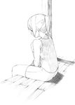  copyright_request from_behind greyscale majima_yuki monochrome short_hair shorts sidelocks simple_background sitting solo tank_top traditional_media white_background wooden_floor 