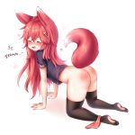  1girl all_fours animal_ears ass bangs black_footwear blush bottomless bow bow_panties commentary_request commission eyes_closed fang fish_bone fox_ears fox_tail hair_ornament hairclip highres honyang korean_text long_hair looking_back navy_blue_shirt no_shoes open_mouth original panties panties_around_leg paw_print pink_panties red_hair short_sleeves simple_background solo spanked tail tail_raised tearing_up thighhighs translation_request underwear very_long_hair white_background 