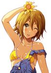  1girl ;d absurdres arm_up bikini blush breasts brown_hair collarbone flower hair_down highres k-on! one_eye_closed open_mouth shian_(my_lonly_life.) short_hair smile solo swimsuit tainaka_ritsu transparent_background vector_trace wink 