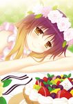  apron bad_id bad_pixiv_id breasts cake cleavage cpu_(hexivision) flower food fruit gradient_hair grapes head_wreath hijiri_byakuren icing jewelry kiwifruit long_hair looking_at_viewer medium_breasts multicolored_hair pineapple ring rose smile solo strawberry touhou white_flower white_rose yellow_eyes 