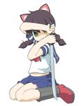  1girl animal_ears black_hair braid cat_ears green_eyes hair_ribbon katana looking_at_viewer midriff milly_(paperman) paper_man paperman profile ribbon shoes simple_background sitting skirt smile socks solo sword twin_braids watariko weapon white_background 