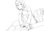  copyright_request from_ground greyscale looking_at_viewer majima_yuki monochrome school_uniform short_hair simple_background sitting skirt solo tying upskirt white_background 