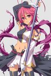  antenna_hair arm_up bandages belt blush breasts koihime_musou medium_breasts navel pink_hair polearm purple_eyes ryofu scarf skirt solo tattoo thighhighs weapon yachiwo 