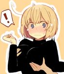  /\/\/\ 1girl blonde_hair blue_eyes blush breast_grab grabbing original outline short_hair solo_focus sukima_(crie) sweater yellow_background 