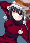  bad_id bad_pixiv_id banned_artist black_hair blue_background breasts brown_eyes hat looking_at_viewer medium_breasts mirai_(macharge) original ribbed_sweater short_hair smile solo sweater upper_body 