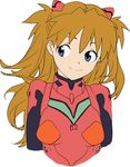  arms_at_sides baba_arumi bad_id bad_pixiv_id bangs blue_eyes bodysuit brown_hair closed_mouth cropped_arms cropped_torso flat_color headgear light_smile long_hair looking_to_the_side neon_genesis_evangelion number pilot_suit plugsuit red_bodysuit simple_background smile solo souryuu_asuka_langley turtleneck two_side_up upper_body wavy_hair white_background 