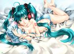  2012 ahoge aqua_eyes aqua_hair artist_name barefoot bed_sheet bra breasts chushengdao cleavage dated hatsune_miku headphones highres long_hair looking_at_viewer lying medium_breasts on_stomach panties pillow side-tie_panties solo sparkle strap_slip striped striped_bra striped_panties twintails underwear underwear_only very_long_hair vocaloid 