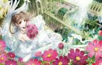  bird braid brown_eyes brown_hair bug building butterfly church cosmos_(flower) dress flower from_above insect long_hair looking_back original scenery smile tottome wedding_dress wings 