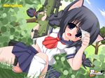  1girl animal_ears black_hair blue_eyes braid breasts cat_ears copyright_name eyepatch fake_screenshot grass gun hair_ribbon holster kanijiru kanitaro kneeling looking_at_viewer midriff milly_(paperman) navel open_mouth paper_man paperman ribbon rifle school_uniform skirt sky solo title_drop trigger_discipline twin_braids weapon 