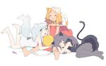  animal_ears ball bare_legs barefoot black_hair cat_ears cat_girl choker closed_eyes copyright_request fang feet full_body green_eyes lying messy_hair multiple_girls on_side on_stomach open_mouth orange_hair pantyhose poo_(donkan_gokko) silver_hair simple_background sitting sleeping tail white_background 