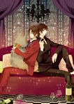  bad_id bad_pixiv_id brown_eyes brown_hair chandelier cross cross_necklace curtains dog facial_hair fate/zero fate_(series) formal goatee jewelry kainesato kotomine_kirei multiple_boys necklace ribbon suit toosaka_tokiomi 