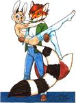  anthro barefoot bridal_carry cacomistle canine carried chester_ringtail_magreer clothed clothing cute duo fox front hair looking_at_viewer male mammal pants red_hair ringed_tail side_view standing terrie_smith 