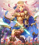  armor arrow blonde_hair blue_eyes boots bow_(weapon) breasts cape cleavage elf esukee gloves green_eyes heterochromia long_hair looking_at_viewer medium_breasts navel petals pointy_ears quill shingeki_no_bahamut shorts smile solo weapon wind 