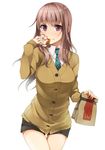  bag blush brown_hair cardigan eating food food_on_face hamburger holding long_hair mcdonald's necktie original pink_eyes plaid plaid_neckwear shorts simple_background solo unasaka_ryou white_background 