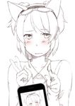  animal_ears blurry blush cellphone cellphone_picture copyright_request depth_of_field eyewear_on_head looking_at_viewer majima_yuki monochrome phone short_twintails simple_background smartphone solo spot_color traditional_media twintails v white_background 