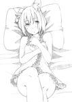  :o animal_ears bare_shoulders copyright_request greyscale looking_at_viewer lying majima_yuki monochrome on_back pillow short_hair solo traditional_media 