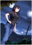  black_hair breasts chuunibyou_demo_koi_ga_shitai! collar full_moon hand_on_hip ladle large_breasts long_hair mmrailgun moon night night_sky pants red_eyes shirt sky solo t-shirt takanashi_touka watermark web_address 