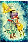  1girl baggy_pants belt boots bow closed_eyes coat eiko_carol final_fantasy final_fantasy_ix full_body gloves hair_ribbon hat hat_ribbon horn hug lace_border pants ribbon sai_(non-collier) shoes short_hair snowing striped traditional_media vertical_stripes vivi_ornitier watercolor_(medium) yellow_bow 