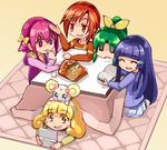  aoki_reika azuki_(adzuk1) bad_id bad_pixiv_id blonde_hair blue_hair book bow candy_(smile_precure!) chips closed_eyes food green_hair handheld_game_console hino_akane_(smile_precure!) hoshizora_miyuki kise_yayoi kotatsu long_hair midorikawa_nao multiple_girls nintendo_ds no_nose orange_eyes orange_hair orange_shirt pink_bow pink_eyes pink_hair pink_vest potato_chips precure saliva shirt short_hair smile smile_precure! table vest yellow_eyes 