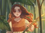  1girl arrietty brown_eyes brown_hair collarbone commentary_request dew_drop dress highres karigurashi_no_arrietty long_hair long_sleeves minigirl open_mouth plant solo sophie_usui upper_body water_drop 