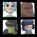  3boys a-ka bags_under_eyes bald black_hair blue_hair cigarette empty_eyes fingernails gorillaz green_skin heterochromia long_fingernails missing_teeth multiple_boys murdoc_niccals noodle_(gorillaz) one_eye_closed red_eyes russel_hobbs sharp_teeth stuart_pot teeth tongue uneven_eyes 