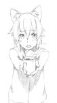  animal_ears copyright_request cup greyscale holding looking_at_viewer majima_yuki monochrome mug open_mouth outstretched_arms short_hair simple_background smile solo steam traditional_media white_background 