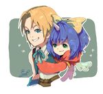  1girl bad_id bad_pixiv_id blue_eyes bow eiko_carol face final_fantasy final_fantasy_ix green_eyes grin hair_bow horn hug short_hair signature sleeveless smile so_ryou wings yellow_bow zidane_tribal 