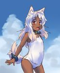  animal_ears cloud collar dark_skin day flat_chest kuromiya looking_at_viewer one-piece_swimsuit open_mouth original red_eyes sky smile solo swimsuit tail white_hair zurka_youn 