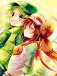  1girl ^_^ amamiya_kabosu brown_hair closed_eyes double_bun green_eyes green_hair hat long_hair mei_(pokemon) open_mouth pokemon pokemon_(game) pokemon_bw2 raglan_sleeves short_hair smile tetsu_(pokemon) twintails visor_cap 