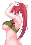  adjusting_hair armpits arms_up blush bow breasts elbow_gloves gloves hair_bow hidden_face hong_meiling kupala large_breasts long_hair no_pants ponytail red_hair simple_background solo touhou underboob white_background 