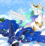  blue_fur blush crown cutie_mark duo equine female feral friendship_is_magic fur green_eyes hair horn mammal multi-colored_hair my_little_pony outside oze princess princess_celestia_(mlp) princess_luna_(mlp) purple_eyes royalty snow sparkle tree white_fur winged_unicorn wings winter 