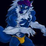  amber_eyes biceps blue_fur blue_nose bulge canine claws clothed clothing darkstalkers e-w01f fangs flexing fur grin half-dressed hat jon_talbain looking_at_viewer male mammal muscles nipples pecs solo sppedo thong topless underwear video_games were werewolf white_fur yellow_eyes 