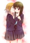  brown_hair closed_eyes colorized licking long_hair multiple_girls namori original purple_eyes school_uniform serafuku shinoda short_hair simple_background surprised tear_licking tears tongue white_background wide-eyed yuri 