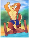  abs biceps canine clothed clothing eyewear goggles half-dressed male mammal muscles pecs shorts solo topless water wfa wolf wuffle 
