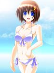  bikini blue_eyes brown_hair engo_(aquawatery) hair_ornament highres lyrical_nanoha mahou_shoujo_lyrical_nanoha_strikers short_hair solo swimsuit x_hair_ornament yagami_hayate 