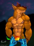  anthro bandicoot biceps big_muscles black_nose brown_fur brown_hair clothed clothing crash_bandicoot crash_bandicoot_(series) e-w01f ear_piercing eyes_closed fur hair half-dressed male mammal marsupial muscles nipples pecs piercing pose smile solo speedo standing swimsuit tattoo thong topless underwear video_games wristband 