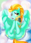  anus blush cutie_mark equine female feral friendship_is_magic hair ipan lightning_dust_(mlp) looking_at_viewer mammal mew_(artist) my_little_pony orange_hair pegasus pussy solo two_tone_hair wings 