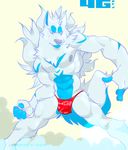  biceps blue_eyes blue_fur blue_markings bulge canine clothed clothing e-w01f fangs frown fur half-dressed male mammal markings muscles nipples pecs plain_background solo speedo swimsuit topless underwear white_background white_fur wolf 