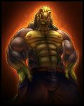  anthro belt biceps big_muscles brown_nipples bulge claws clothed clothing dinosaur fangs grey_skin half-dressed looking_at_viewer male muscles neodokuro neozcommish nipples pants pecs pose reptile scales scalie solo standing teeth toned topless trousers tyrannosaurus_rex yellow_eyes yellow_skin zeke 
