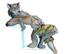  anthro canine clothing hand_in_pants licking male mammal piercing shorts solo staircase suggestive tongue wolf 