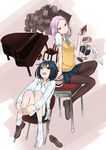  absurdres arm_support bag black_hair black_legwear book chair desk gajuku highres instrument multiple_girls notebook on_desk open_mouth original pantyhose piano pink_hair red_eyes shoes short_hair single_shoe sitting sitting_on_desk socks white_legwear 